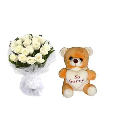 White Rose Bouquet with Sorry Teddy