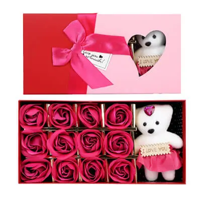 Pink Roses with Teddy Bear Box