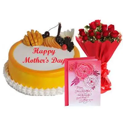 Mothers Day Mango Cake, Bouquet & Card