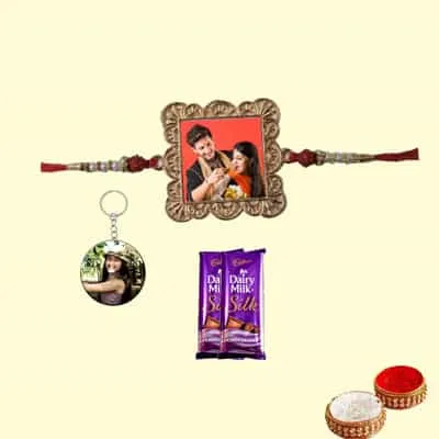 Personalized Metal Square Rakhi with keychain & Silk